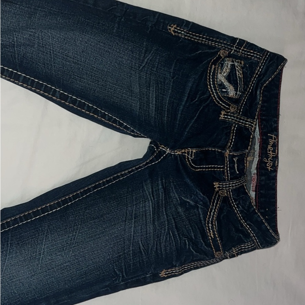 Amethyst Jeans Straight Leg Blue Denim with Tan Stitching